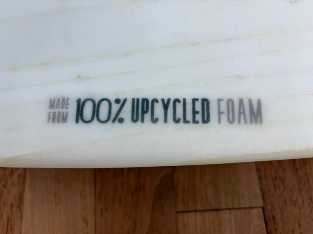 Detail on body board of graphic that says "Made from 100% Upcycled Foam"